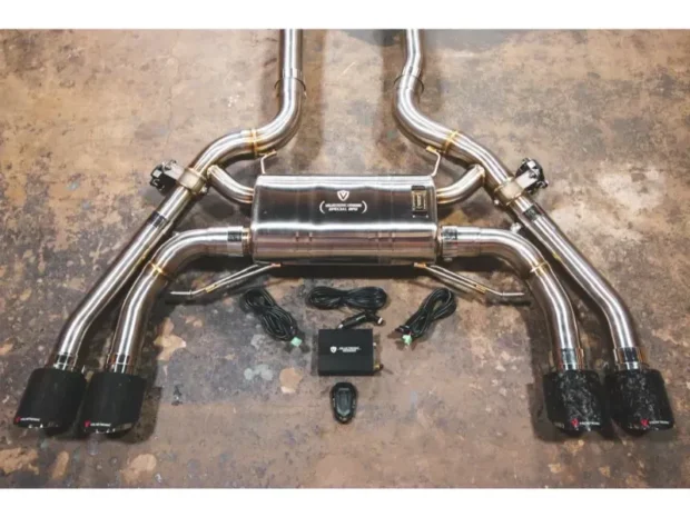 Valvetronic Designs 4 4.In Outlet Forged Carbon Fiber Tips Anodized Gold Valved Sport Exhaust System BMW X3M | X4M | F97 | F98 2019-2022