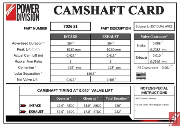 GSC Billet S1 Camshaft set P-D 266/264 Billet Subaru STi 2008-2021